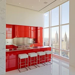 Red and white kitchen interior photo