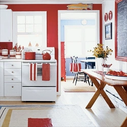 Red and white kitchen interior photo