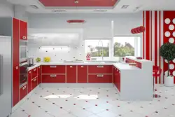 Red and white kitchen interior photo