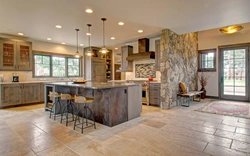 Wood with stone in the interior photo kitchen