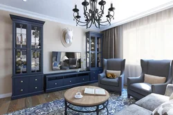 Showcases in the interior of a living room in a modern