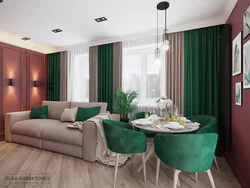 What color goes with emerald color in the living room interior