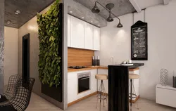 Design of a one-room studio apartment with a kitchen