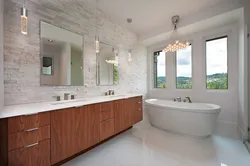 Bath interior with wood and stone