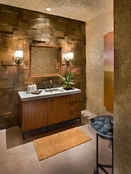 Bath interior with wood and stone