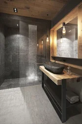 Bath interior with wood and stone