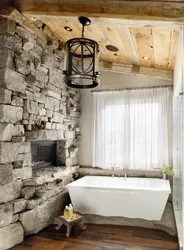 Bath interior with wood and stone