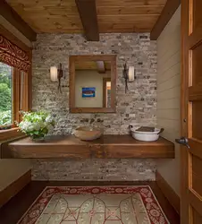 Bath interior with wood and stone