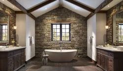 Bath interior with wood and stone