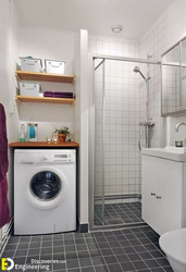 Bathroom design photo with shower, washing machine, toilet