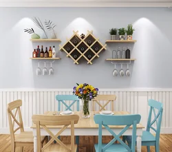 Shelves on the wall in the kitchen interior above the table