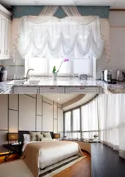 Curtains up to the window sill in the living room in a modern interior