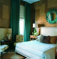 Green Color Of Curtains In The Bedroom Interior
