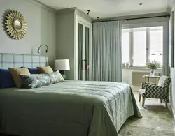 Green Color Of Curtains In The Bedroom Interior