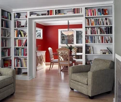 Bookshelves in the living room interior