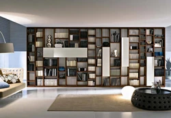 Bookshelves in the living room interior