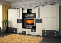 Modern walls in the living room photo with a wardrobe