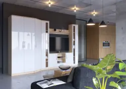 Modern walls in the living room photo with a wardrobe