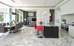 White marble floor in the kitchen interior