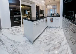 White marble floor in the kitchen interior