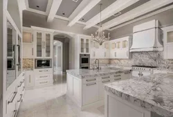 White marble floor in the kitchen interior