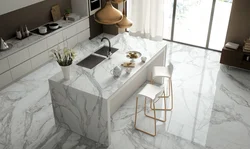 White marble floor in the kitchen interior