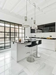 White marble floor in the kitchen interior