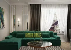 Green Curtains In The Living Room Interior With Beige Wallpaper