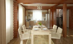 Interior of a combined living room and kitchen in a wooden house