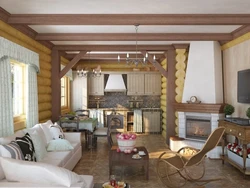 Interior of a combined living room and kitchen in a wooden house