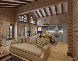 Interior of a combined living room and kitchen in a wooden house
