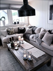 Dark gray sofa in the kitchen interior