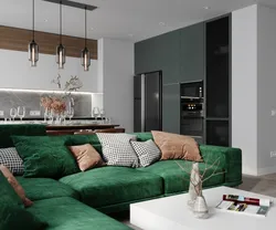 Dark gray sofa in the kitchen interior