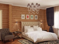 Interior of a bright bedroom in a wooden house