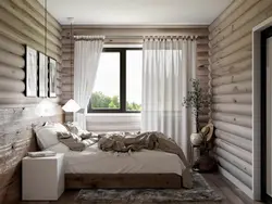 Interior of a bright bedroom in a wooden house