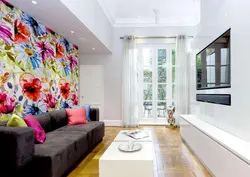 Apartment interior with wallpaper on one wall