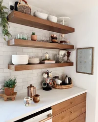 Shelves in the interior of a small kitchen