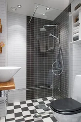 Bathroom without bathtub and shower with curtain photo