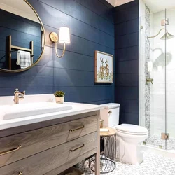 Blue bath design with wood
