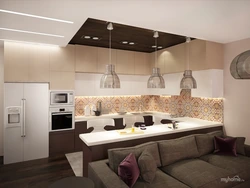 Living room kitchen design in brown photo