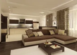 Living room kitchen design in brown photo
