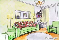 Рисованный интерьер гостиной
