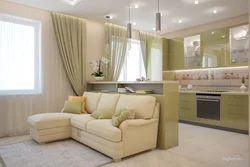 Kitchen living room interior with sofa by the window