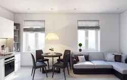 Kitchen living room interior with sofa by the window