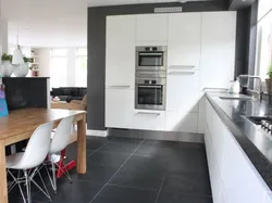 Kitchen interior with dark gray floor