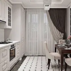 Müasir üslubda iki rəngli uzun fotoşəkildə mətbəx üçün pərdələr
