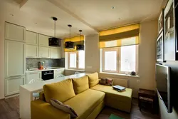 Long living room kitchen interior