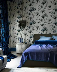 Curtains for blue wallpaper in the bedroom photo