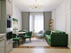 Green sofa in the interior of the kitchen living room