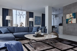 Beige blue living room interior